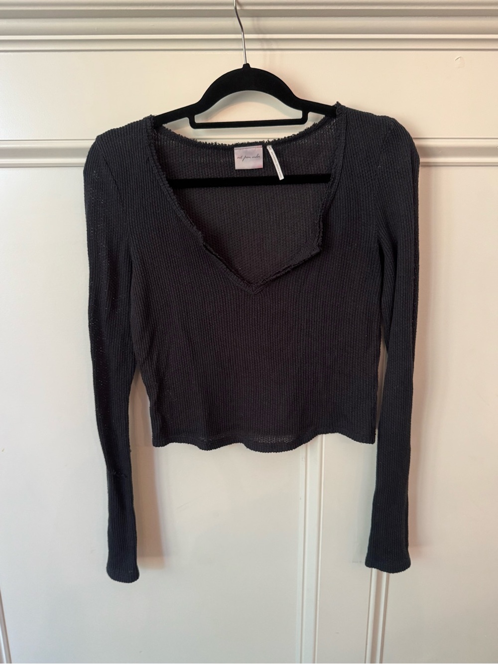 Urban Outfitters Ribbed Raw-Edge V-Neck Long Sleeve Top